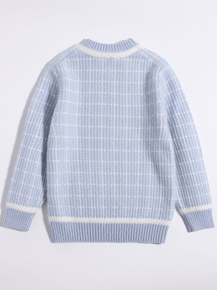Kids Checkered Texture Cashmere Crewneck Pullover Sweater